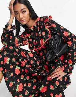 Y.A.S Removable Statement Collar Midi Dress In Rose Print For Women Black -Women's Y.A.S Sales Shop unnamed file 257