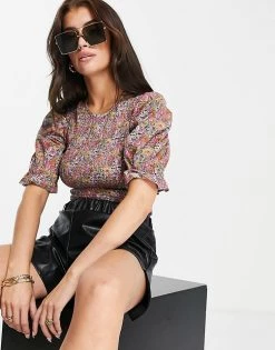 Y.A.S Organic Cotton Puff Sleeve Blouse In Multi Floral For Women