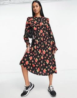 Y.A.S Removable Statement Collar Midi Dress In Rose Print For Women Black -Women's Y.A.S Sales Shop unnamed file 258