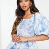 Y.A.S Organic Cotton Puff Sleeve Smock Top In Blue Cloud Print For Women -Women's Y.A.S Sales Shop unnamed file 2580
