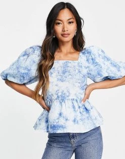 Y.A.S Organic Cotton Puff Sleeve Smock Top In Blue Cloud Print For Women -Women's Y.A.S Sales Shop unnamed file 2582