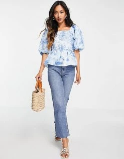 Y.A.S Organic Cotton Puff Sleeve Smock Top In Blue Cloud Print For Women -Women's Y.A.S Sales Shop unnamed file 2583