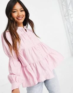 Y.A.S Shirt With Tiering And Shirred Arms In Pink Check For Women Roseate Spoonbill