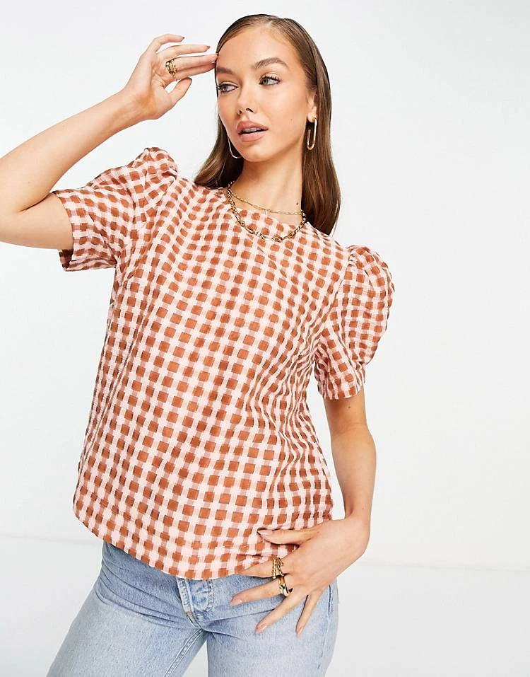 Y.A.S Puff Sleeve Blouse In Red & Cream Check For Women 7 Y.A.S Puff Sleeve Blouse In Red & Cream Check For Women - Image 5