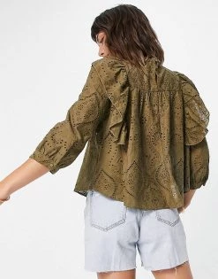 Y.A.S Broderie Co-ord Blouse With Frill Detail In Khaki Green For Women -Women's Y.A.S Sales Shop unnamed file 2602
