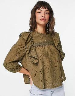 Y.A.S Broderie Co-ord Blouse With Frill Detail In Khaki Green For Women -Women's Y.A.S Sales Shop unnamed file 2603
