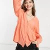 Y.A.S Smock Blouse With V-neck In Coral Pink For Women -Women's Y.A.S Sales Shop unnamed file 2620