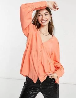 Y.A.S Smock Blouse With V-neck In Coral Pink For Women