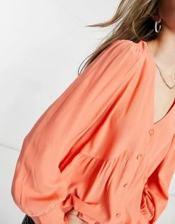 Y.A.S Smock Blouse With V-neck In Coral Pink For Women -Women's Y.A.S Sales Shop unnamed file 2622