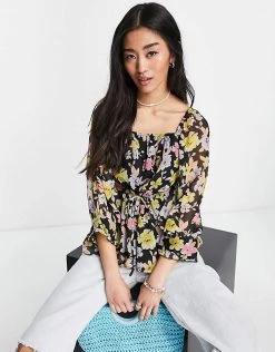Y.A.S. Pima Floral Print Volume Sleeve Blouse In Black For Women Black Flower Aop