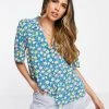 Y.A.S Alina Printed Revere Shirt In Blue For Women Mosaic Blue Aop