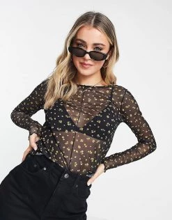 Y.A.S Melina Printed Mesh Top In Black For Women Black Aop