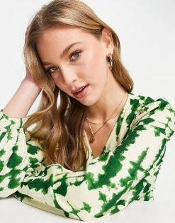 Y.A.S. Melina Printed Long Sleeve Wrap Top In Green For Women Evergreen Aop -Women's Y.A.S Sales Shop unnamed file 2717