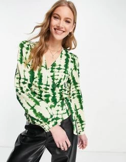 Y.A.S. Melina Printed Long Sleeve Wrap Top In Green For Women Evergreen Aop -Women's Y.A.S Sales Shop unnamed file 2719