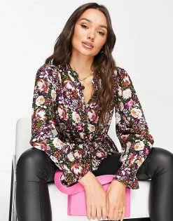 Y.A.S Frilly Floral Top In Multi For Women Night Sky