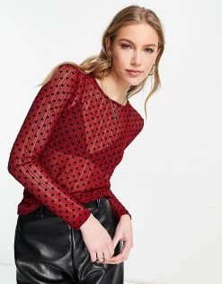 Y.A.S. Nessa Polka Dot Mesh Top In Red For Women Fiery Red