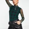 Y.A.S. Juma Check Print Mesh Top In Green For Women Evergreen Aop -Women's Y.A.S Sales Shop unnamed file 2770