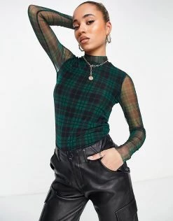 Y.A.S. Juma Check Print Mesh Top In Green For Women Evergreen Aop -Women's Y.A.S Sales Shop unnamed file 2774