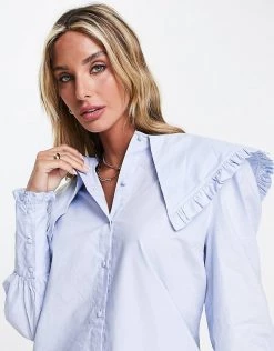 Y.A.S. Milla Wide Collar Button Up Blouse In Blue For Women Windsurfer