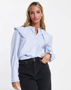 Y.A.S. Milla Wide Collar Button Up Blouse In Blue For Women Windsurfer -Women's Y.A.S Sales Shop unnamed file 2782