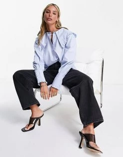 Y.A.S. Milla Wide Collar Button Up Blouse In Blue For Women Windsurfer -Women's Y.A.S Sales Shop unnamed file 2783