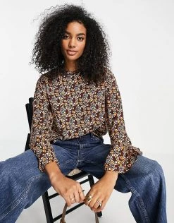 Y.A.S. Olima Floral Print Flared Sleeve Top In Brown For Women Bitter Chocolate Aop