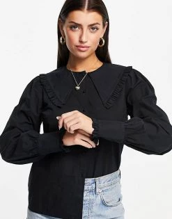 Y.A.S. Large Collar Button Down Shirt In Black For Women