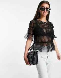 Y.A.S. Rushed Detail Sheer Top In Black For Women Black Mesh -Women's Y.A.S Sales Shop unnamed file 2842