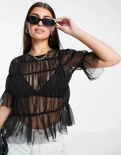 Y.A.S. Rushed Detail Sheer Top In Black For Women Black Mesh -Women's Y.A.S Sales Shop unnamed file 2844