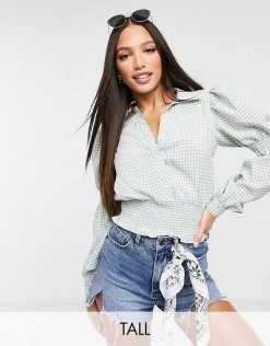 Women's Y.A.S Sales Shop 17 Y.A.S Tall Y.A.S. Tall Gingham Volume Sleeve Top In Sage For Women Sage Gingham