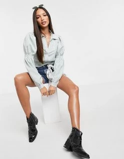 Y.A.S Tall Y.A.S. Tall Gingham Volume Sleeve Top In Sage For Women Sage Gingham -Women's Y.A.S Sales Shop unnamed file 2858