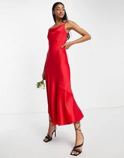 Y.A.S Bridesmaid Cowl Neck Slip Midi Dress In Red For Women