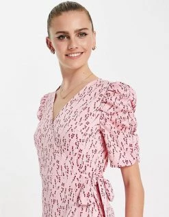 Y.A.S Bridesmaid Ruched Sleeve Wrap Midi Dress In Pink & Red Floral For Women -Women's Y.A.S Sales Shop unnamed file 297