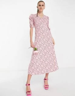 Y.A.S Bridesmaid Ruched Sleeve Wrap Midi Dress In Pink & Red Floral For Women -Women's Y.A.S Sales Shop unnamed file 298