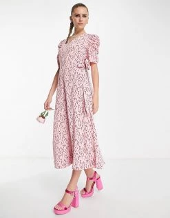 Y.A.S Bridesmaid Ruched Sleeve Wrap Midi Dress In Pink & Red Floral For Women -Women's Y.A.S Sales Shop unnamed file 299