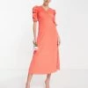 Y.A.S Bridesmaid Puff Sleeve Wrap Front Midi Dress In Bright Orange For Women -Women's Y.A.S Sales Shop unnamed file 300