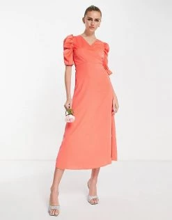 Y.A.S Bridesmaid Puff Sleeve Wrap Front Midi Dress In Bright Orange For Women