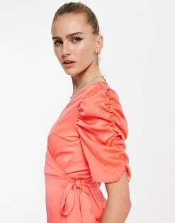 Y.A.S Bridesmaid Puff Sleeve Wrap Front Midi Dress In Bright Orange For Women -Women's Y.A.S Sales Shop unnamed file 302