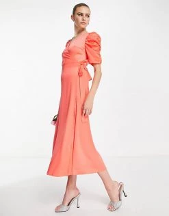 Y.A.S Bridesmaid Puff Sleeve Wrap Front Midi Dress In Bright Orange For Women -Women's Y.A.S Sales Shop unnamed file 303