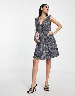 Y.A.S V-neck Boucle Mini Dress In Blue For Women