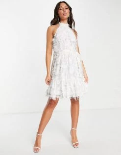 Y.A.S Bridal Mini 3D Halter Neck Dress In White For Women Star White -Women's Y.A.S Sales Shop unnamed file 342