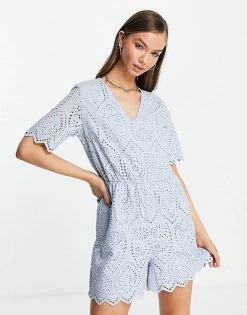 Y.A.S Organic Cotton Broderie Playsuit In Pale Blue For Women
