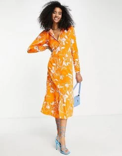 Y.A.S Floral Jaquard Printed Midi Dress In Orange For Women Orange Print