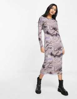 Y.A.S Mesh Swirl Print Midi Dress In Grey For Women