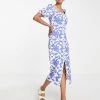 Y.A.S Zip Front Midi Dress In Blue Floral Print For Women -Women's Y.A.S Sales Shop unnamed file 410