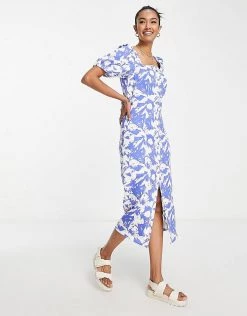 Y.A.S Zip Front Midi Dress In Blue Floral Print For Women
