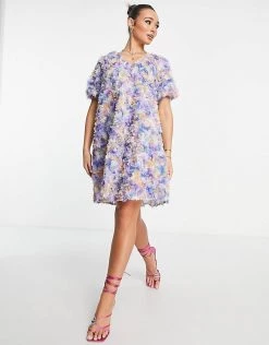 Y.A.S Applique V-neck Mini Dress In Blue & Pink Floral For Women -Women's Y.A.S Sales Shop unnamed file 422