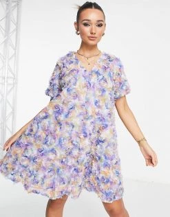 Y.A.S Applique V-neck Mini Dress In Blue & Pink Floral For Women -Women's Y.A.S Sales Shop unnamed file 424