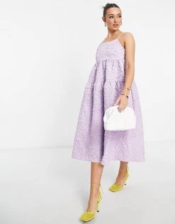 Y.A.S Jacquard Tiered Midi Dress In Pale Lilac For Women