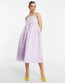 Y.A.S Jacquard Tiered Midi Dress In Pale Lilac For Women -Women's Y.A.S Sales Shop unnamed file 428